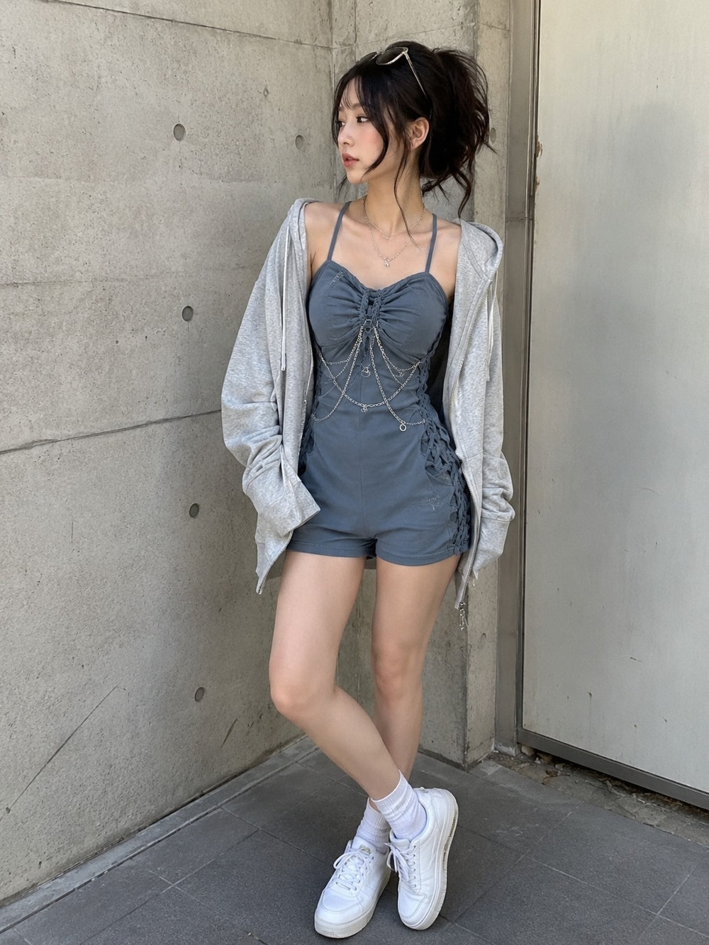 Blue Gray Chain Detail Lace Up Romper S Indie Sleaze Y2K Clubbing Cyber Grunge